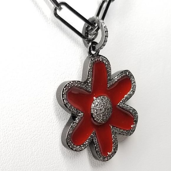 NWT Red Enamel Flower Pendant Charm Pave CZ - Picture 7 of 8